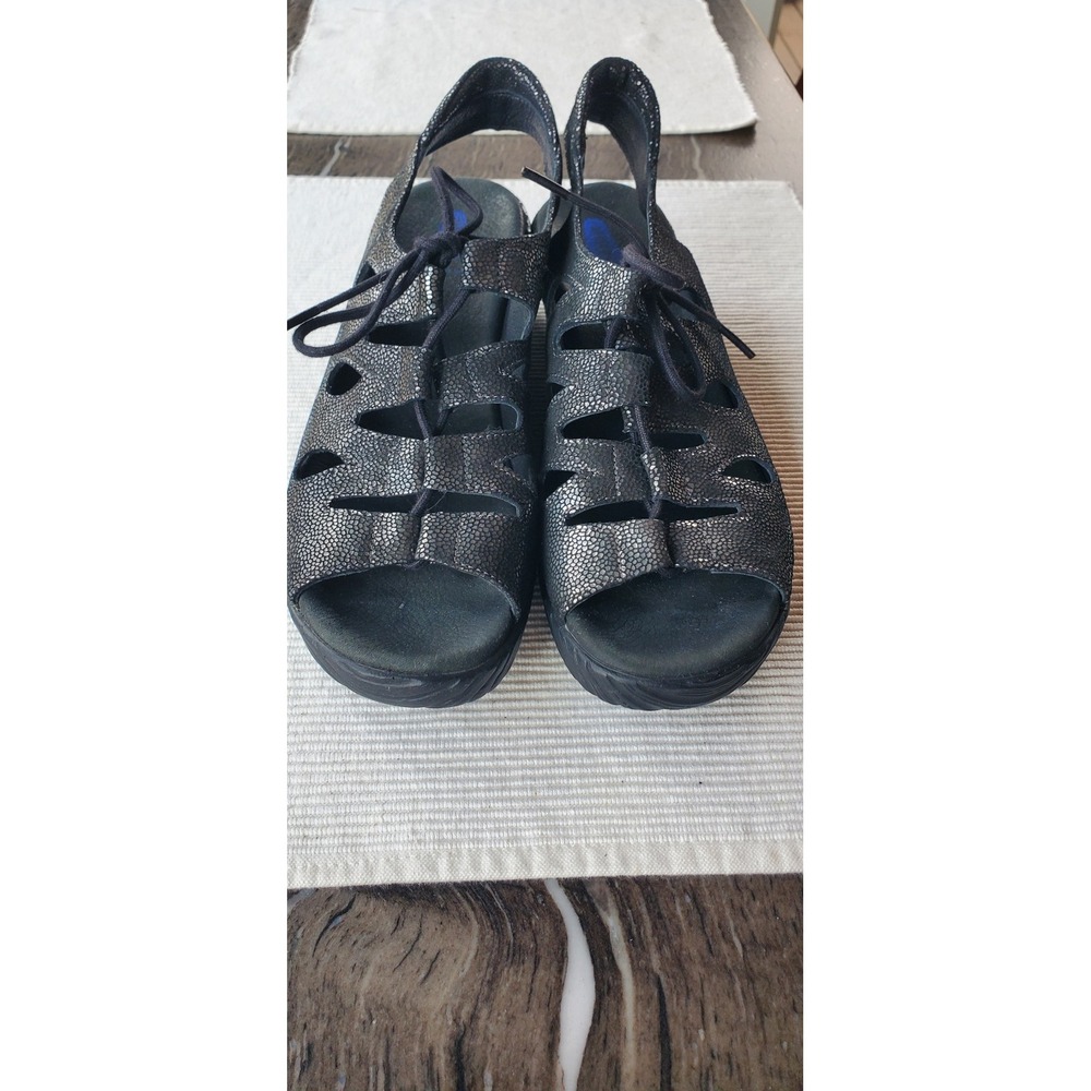 Wolky Black Metallic Pebbled Leather Lace Up Wedge Sandals Womens 41 - Picture 4 of 7